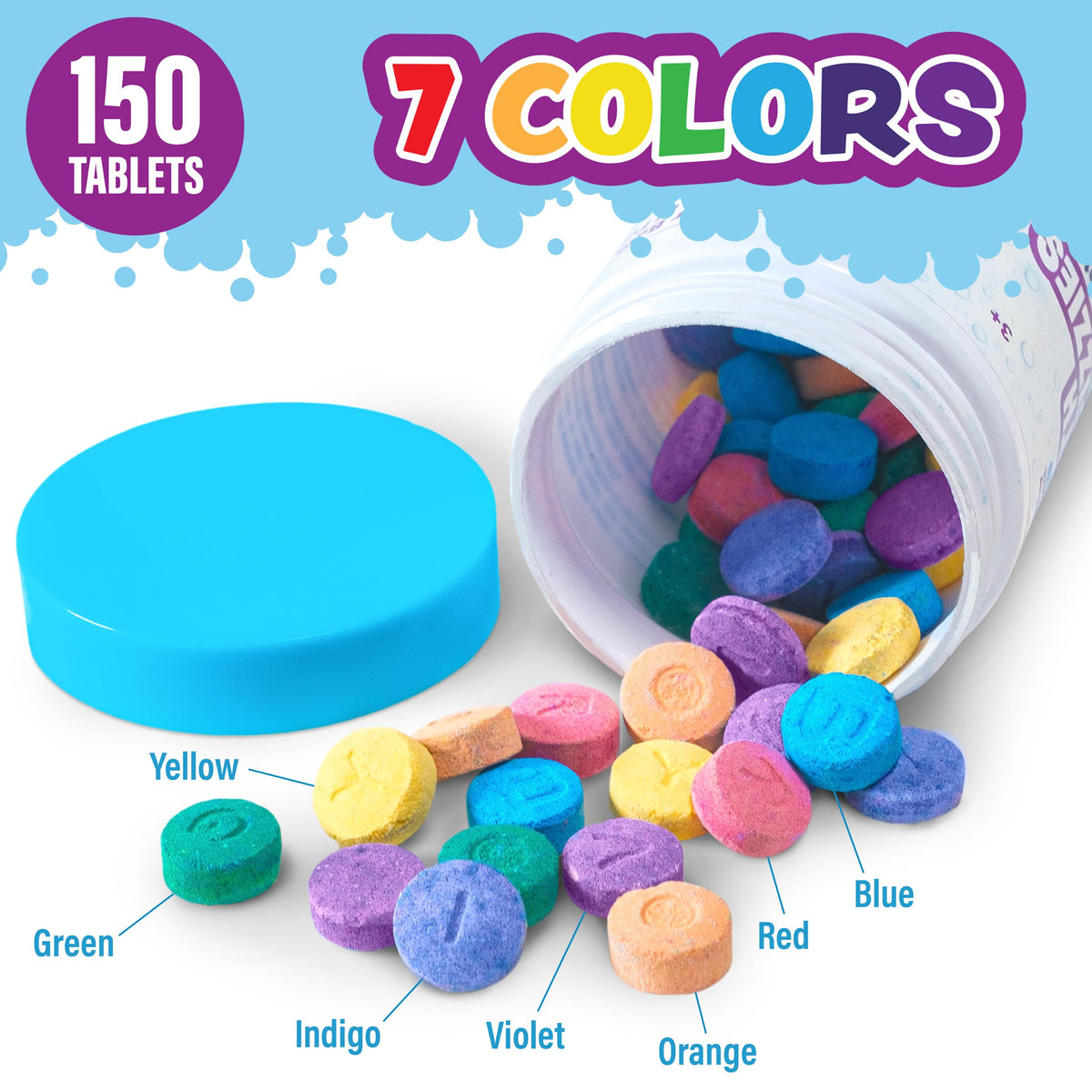 Close-up of Tub Works Bath Color Fizzies tablet fizzing in water
