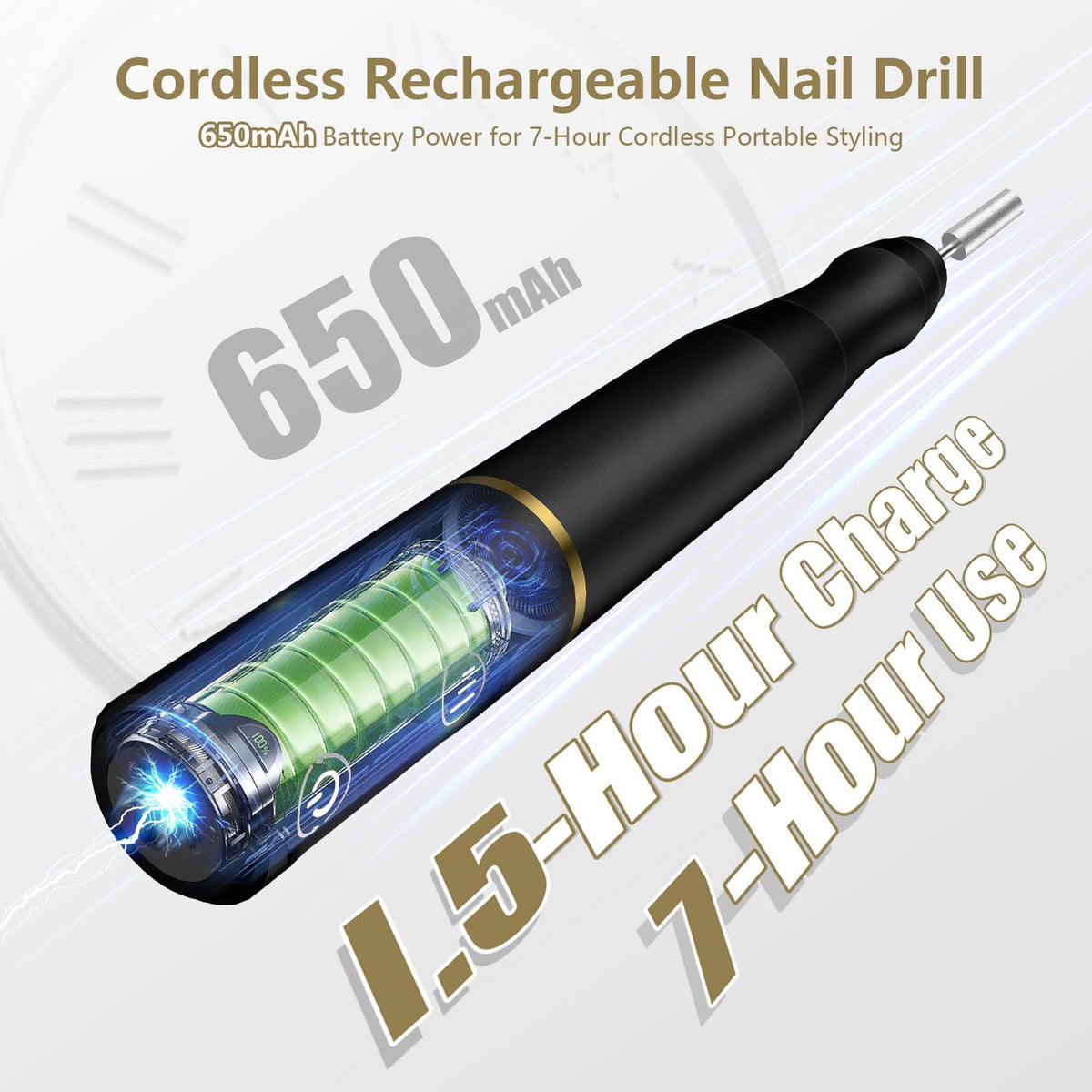 Close-up of TUOBEO nail drill with drill bits and sanding bands