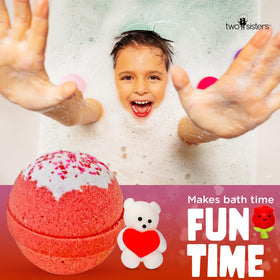Close-up of Two Sisters Valentines Bath Bomb revealing squishy toy