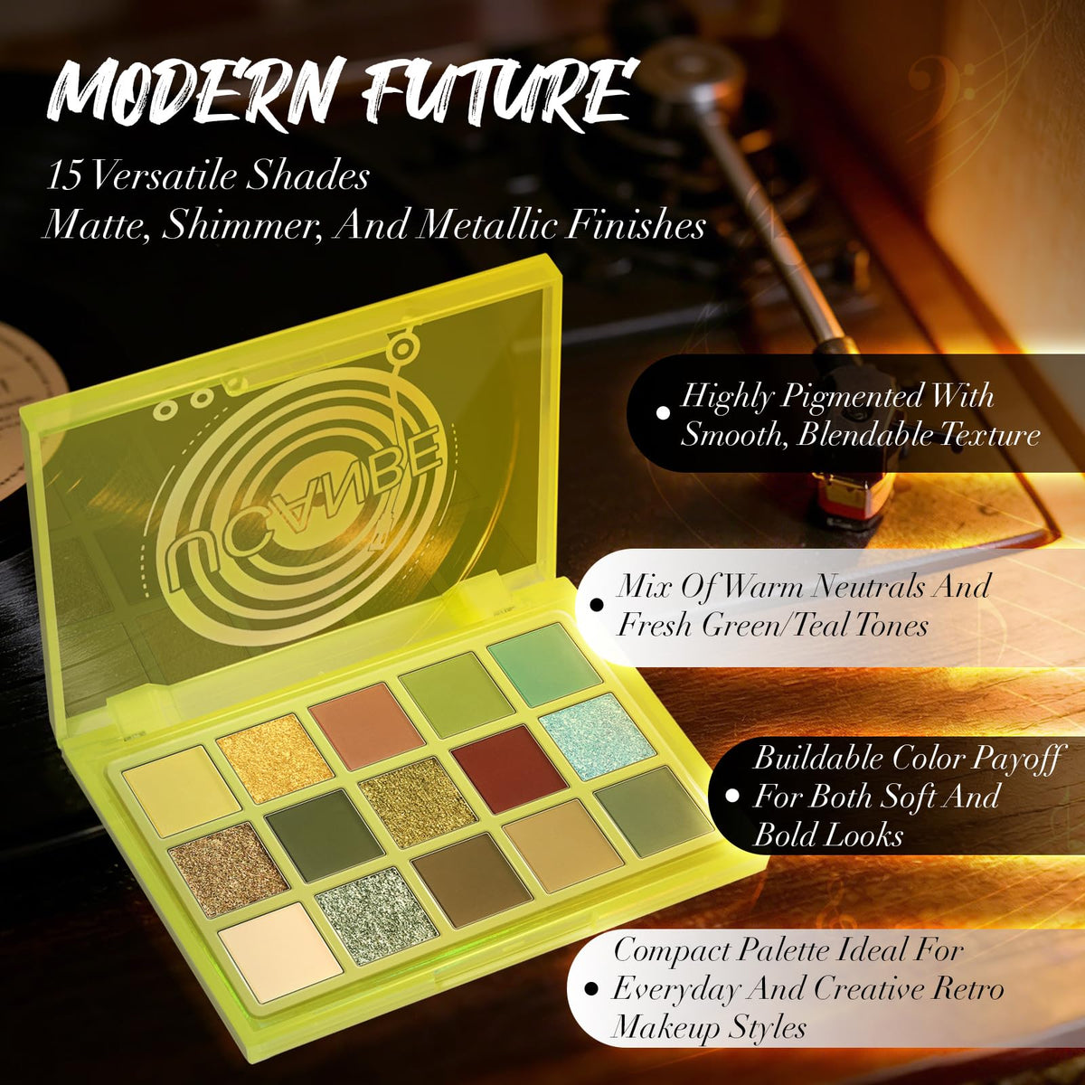 Close-up of UCANBE 15 Colour Eyeshadow Palette showing matte and shimmer finishes