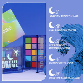 Close-up of UCANBE eyeshadow palette showing rich pressed matte and metallic colours