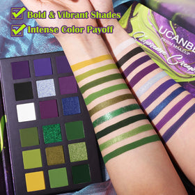 Close-up of UCANBE Green Purple Gothic Eyeshadow Palette colours