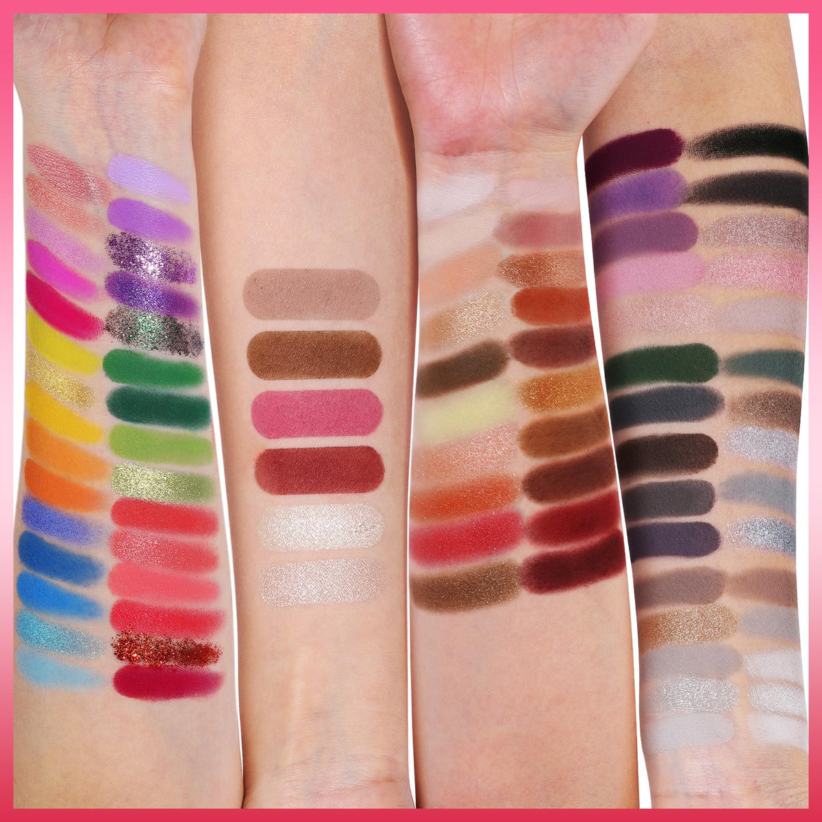 Close-up of UCANBE palette highlighters and blushes