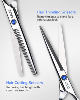 Close-up of ULG hair cutting scissors with blue diamond stones