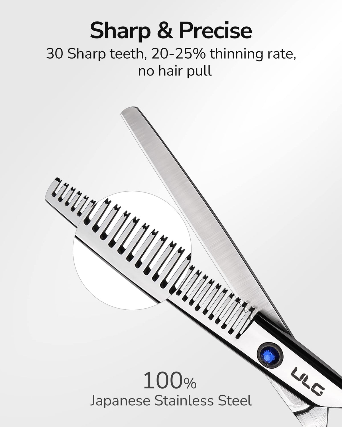 Close-up of ULG Hair Thinning Scissors with blue diamond stones