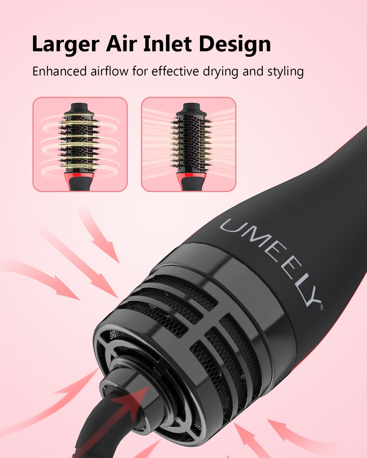 Close-up of Umeely Plus 2.0 Hair Dryer Brush ionic technology feature