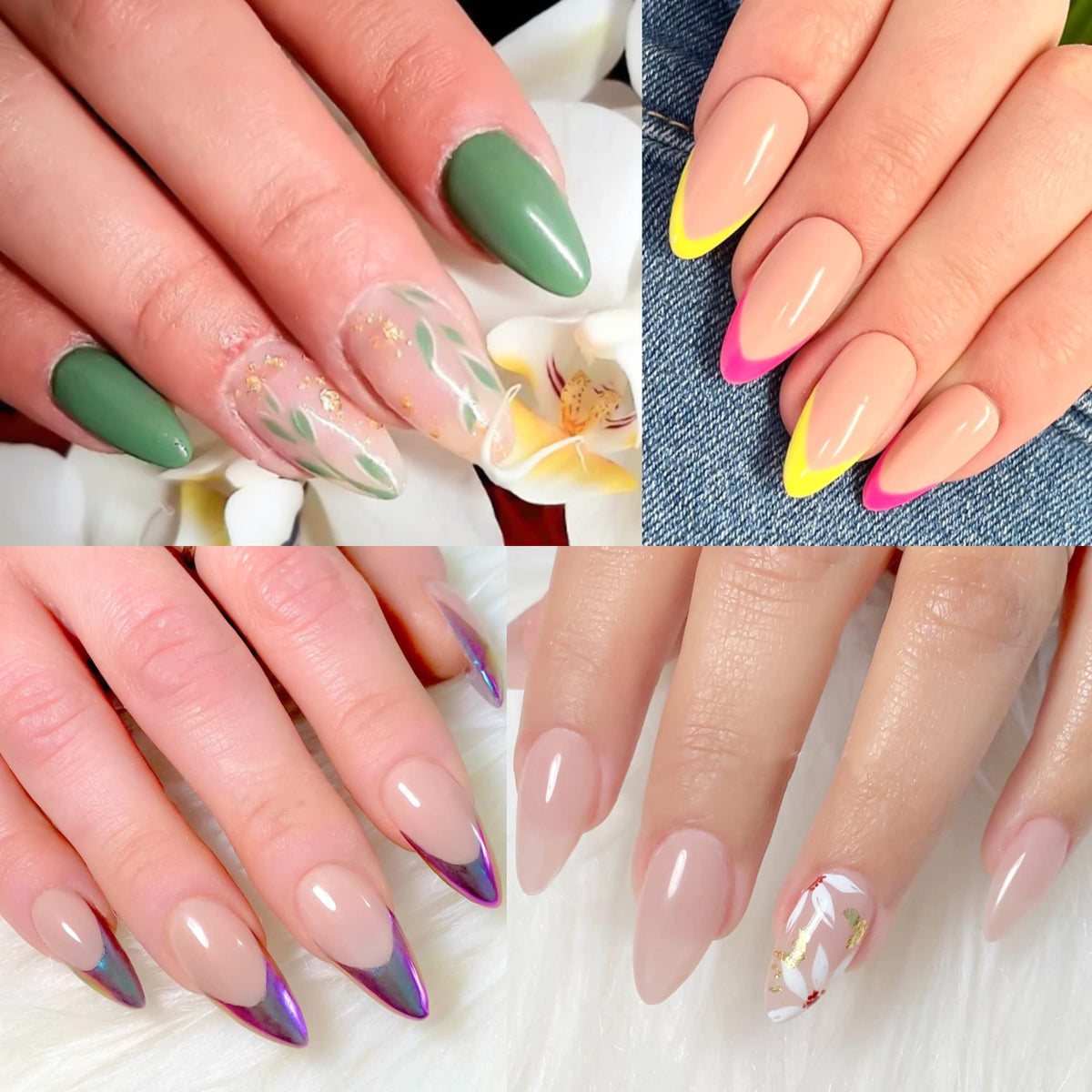 Close-up of UNA GELLA almond nail tips in various sizes