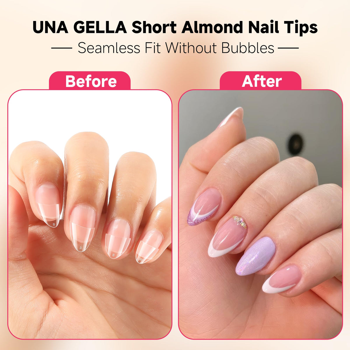 Close-up of UNA GELLA almond nail tips in various sizes