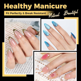 Close-up of UNA GELLA almond nail tips showing sizes