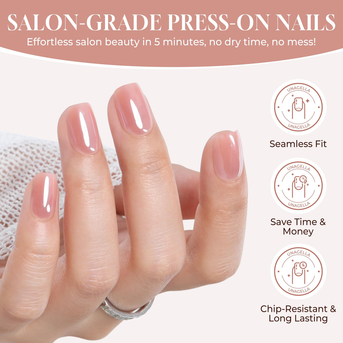 Close-up of UNA GELLA Chrome Nude Press On Nails with a glossy finish