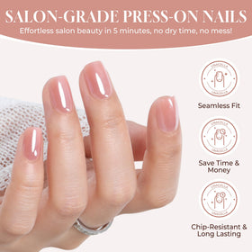 Close-up of UNA GELLA Chrome Nude Press On Nails with a glossy finish