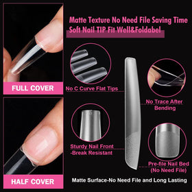 Close-up of UNA GELLA clear long square nail tips