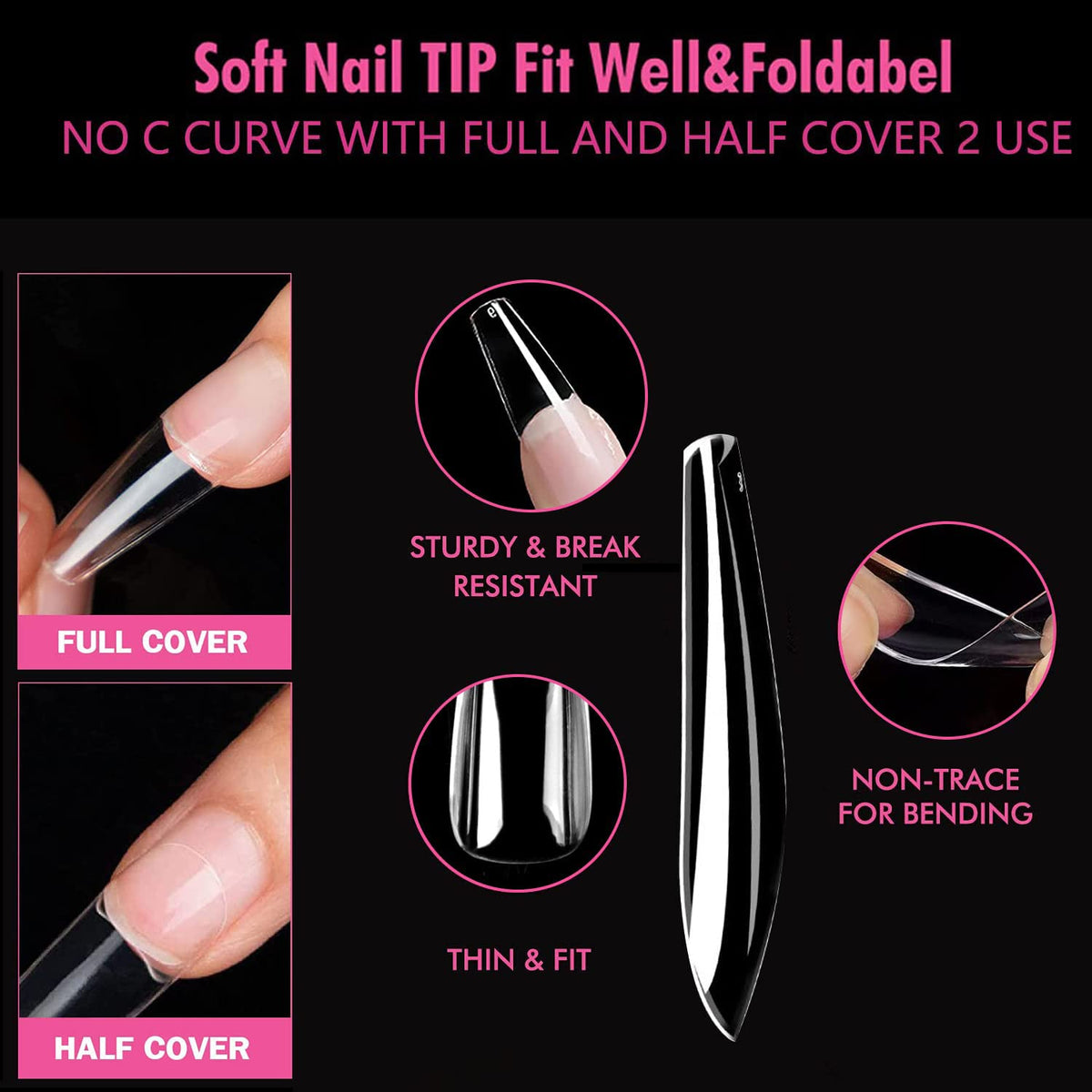 Close-up of UNA GELLA Long Coffin Nail Tips showing size numbers