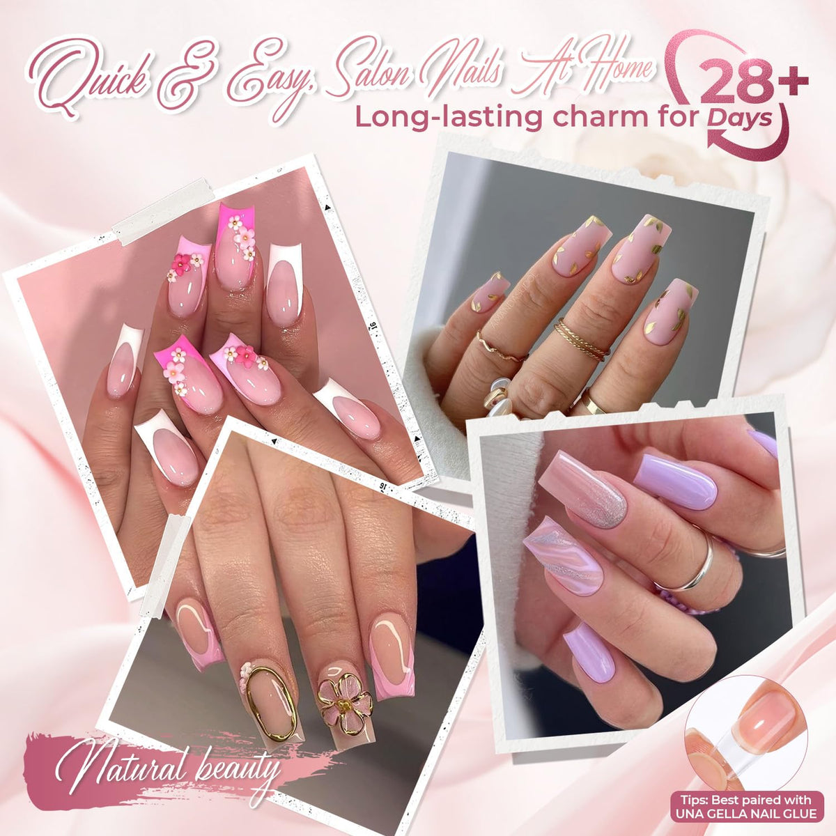 Close-up of UNA GELLA Medium Square Nail Tips showing glossy finish
