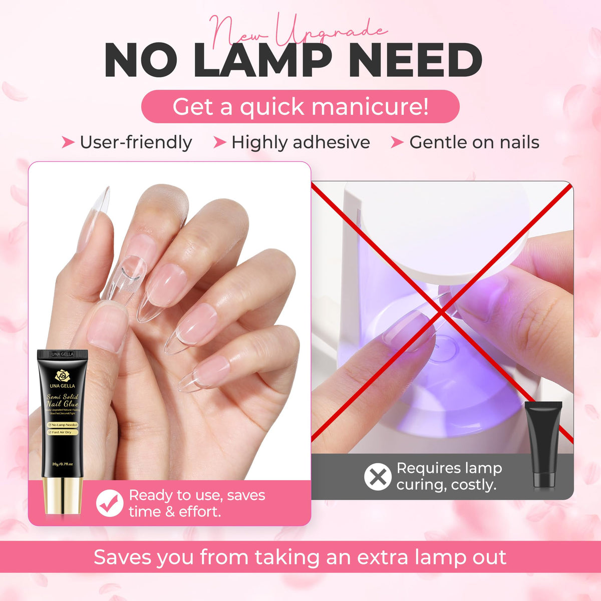 Close-up of UNA GELLA nail glue application on nails