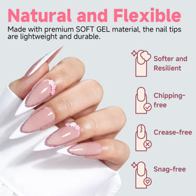 Close-up of UNA GELLA nail tips showing sizes