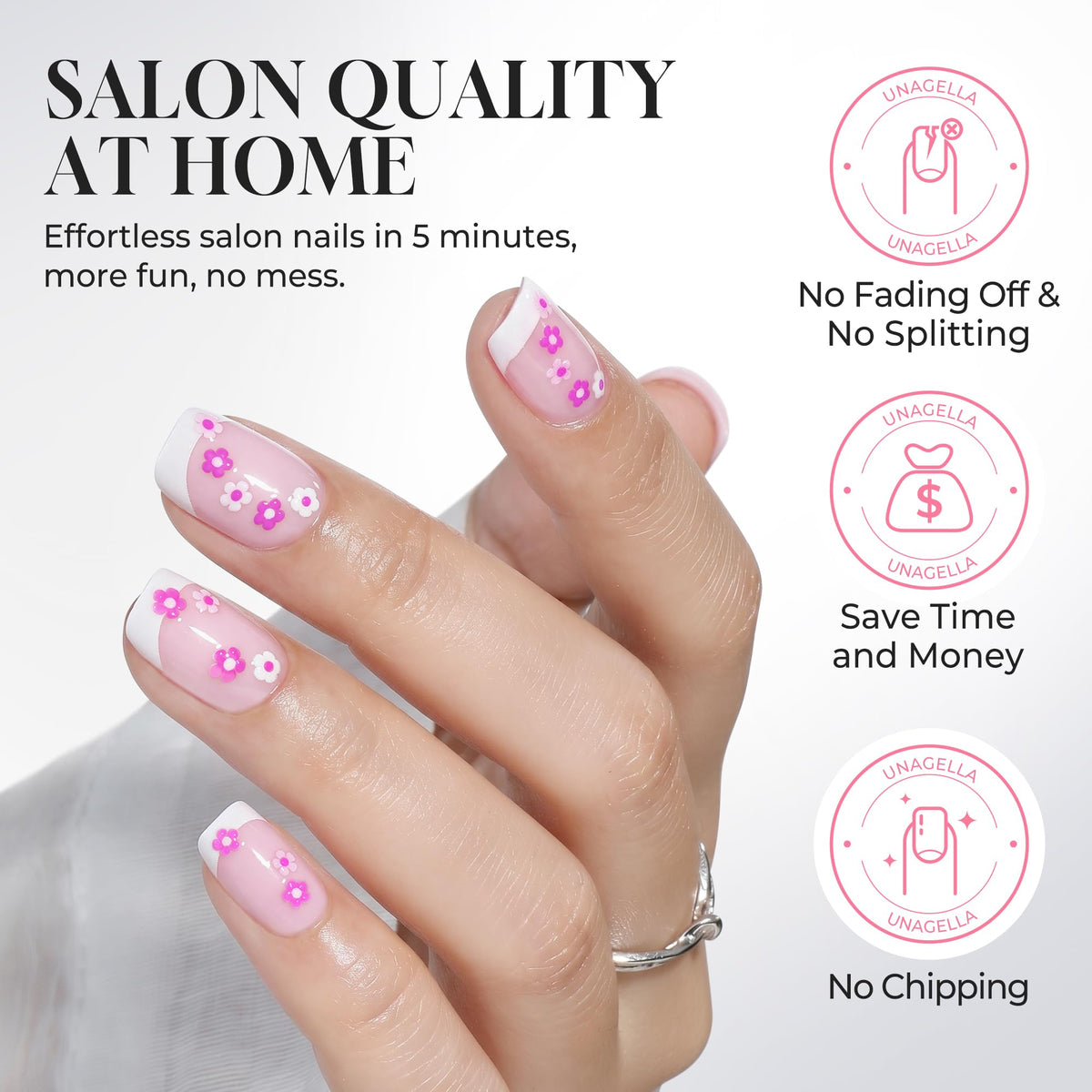 Close-up of UNA GELLA press on nails showing French tip and floral design