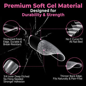 Close-up of UNA GELLA soft gel nail tips in almond shape