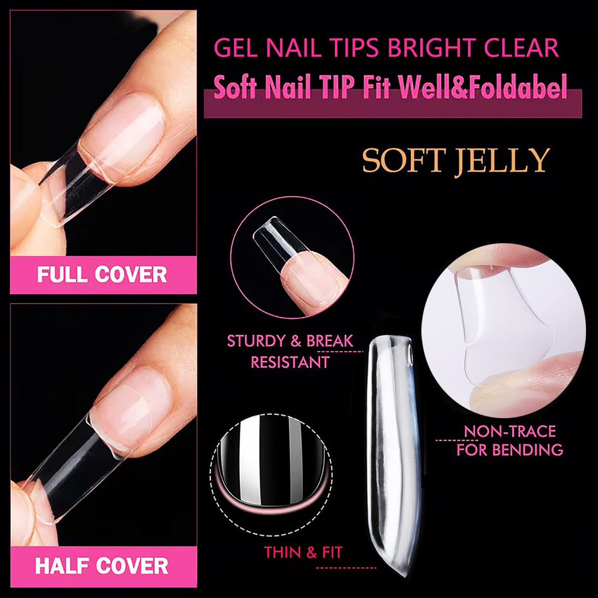 Close-up of UNA GELLA square nail tips in various sizes