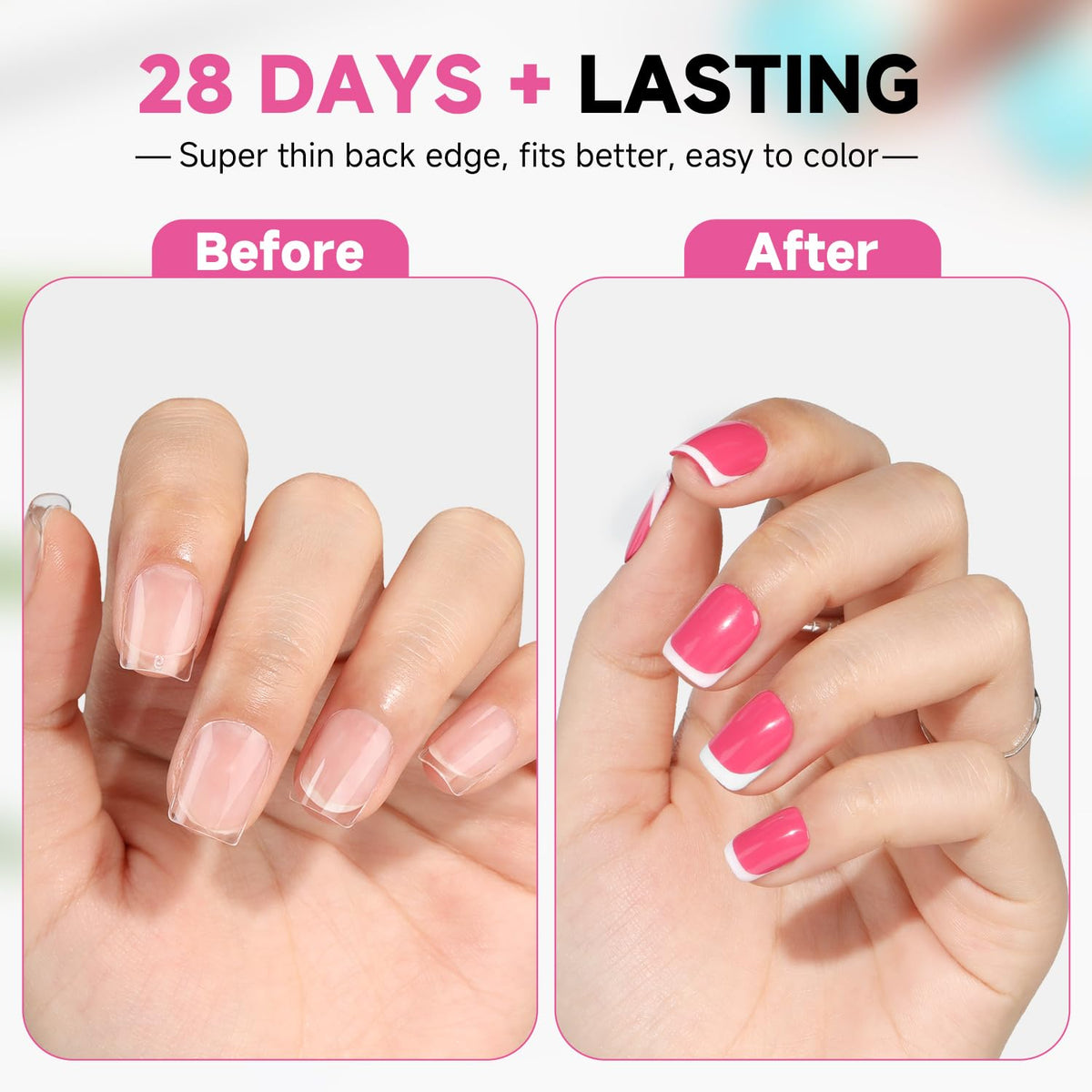 Close-up of UNA GELLA square nail tips with natural fit effect