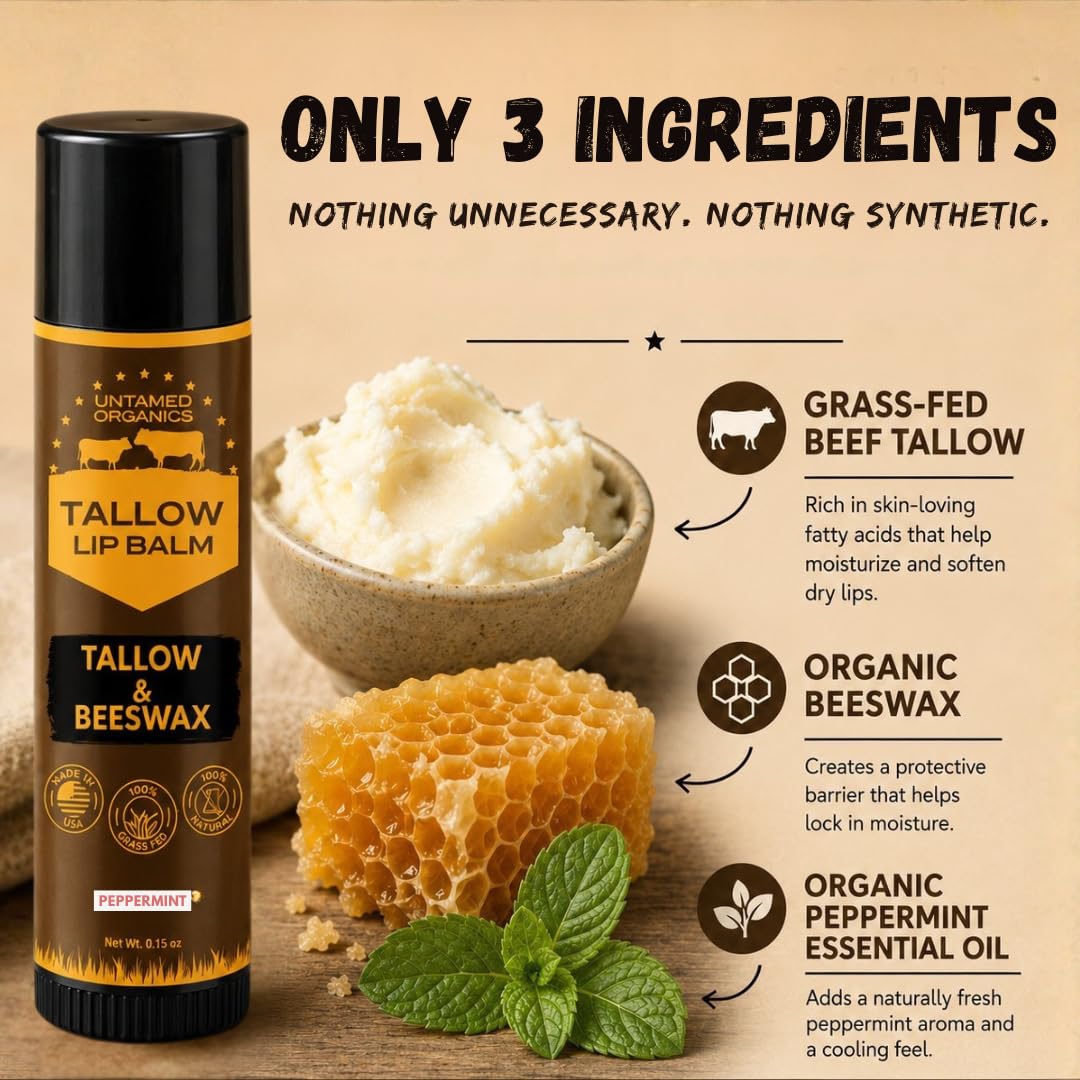 Close-up of Untamed Organics Pure Tallow Lip Balm showing ingredients