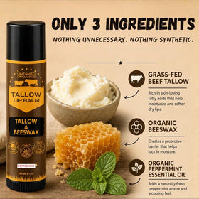 Close-up of Untamed Organics Pure Tallow Lip Balm showing ingredients