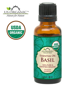 Close-up of US Organic Basil Essential Oil packaging