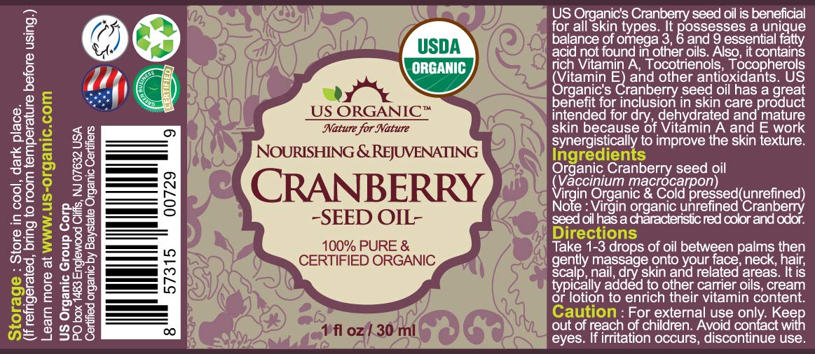 Close-up of US Organic Cranberry Seed Oil bottle showing label