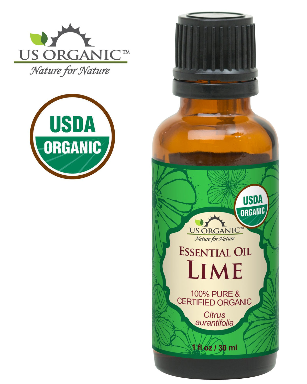 Close-up of US Organic Lime Essential Oil label
