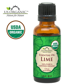 Close-up of US Organic Lime Essential Oil label
