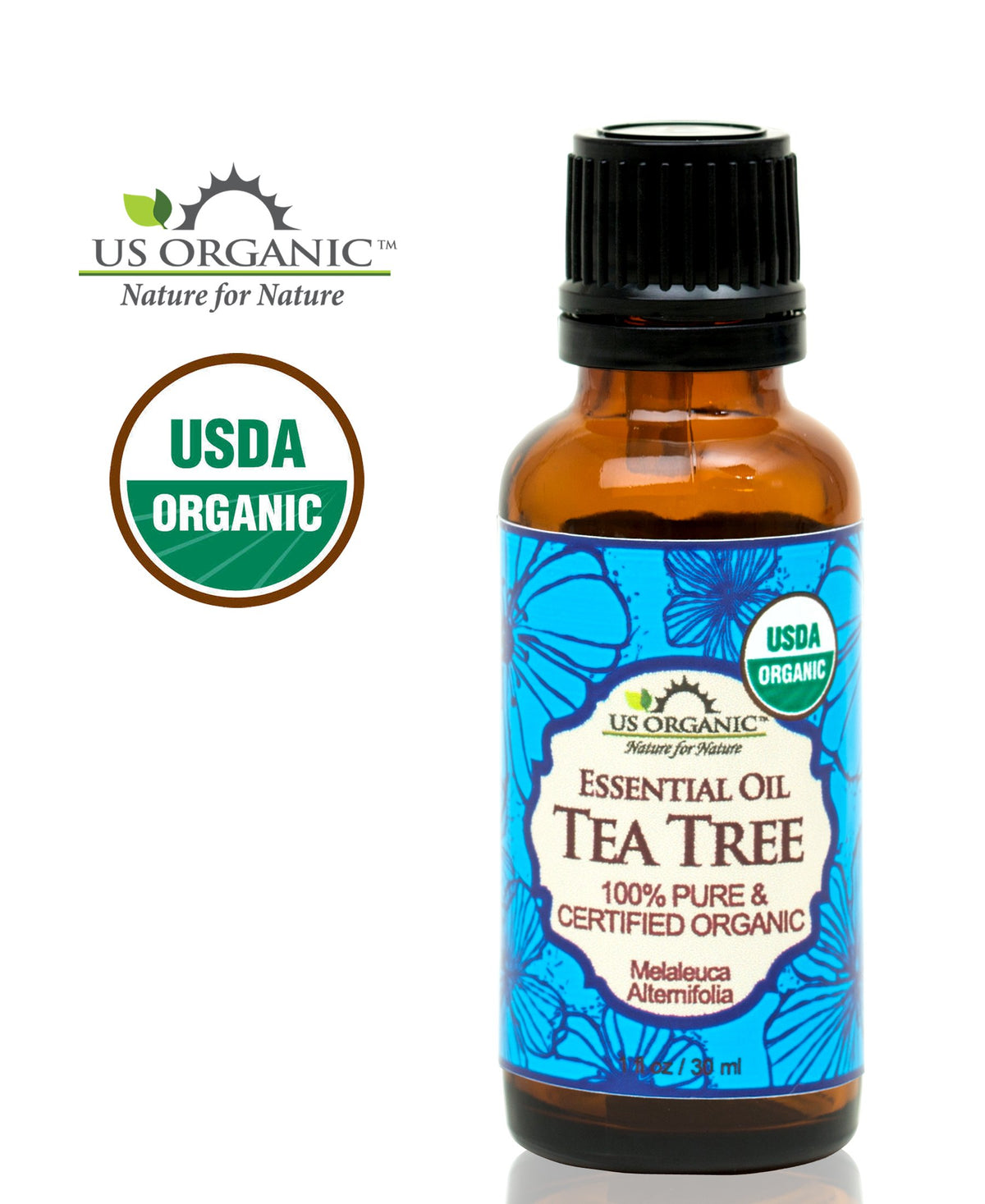 Close-up of US Organic Tea Tree Essential Oil dropper