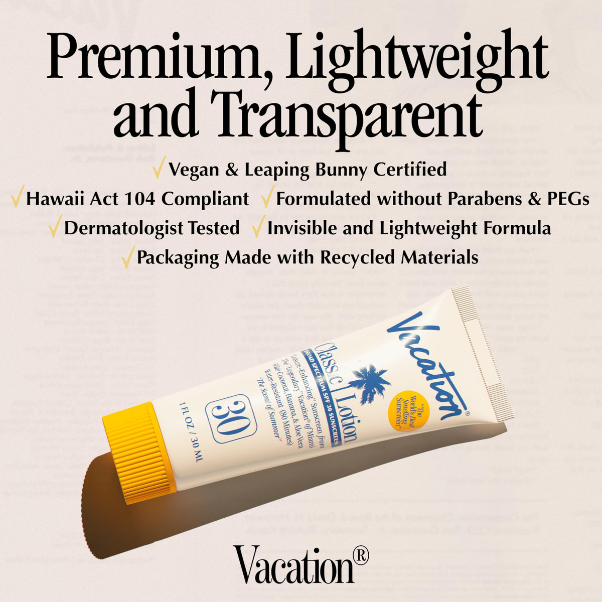 Close-up of VACATION Mini Classic SPF 30 Sunscreen Lotion ingredients