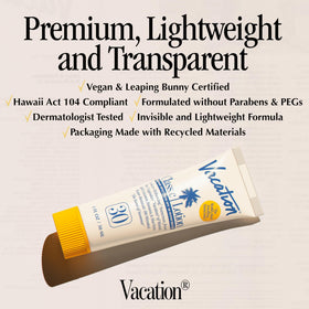 Close-up of VACATION Mini Classic SPF 30 Sunscreen Lotion ingredients