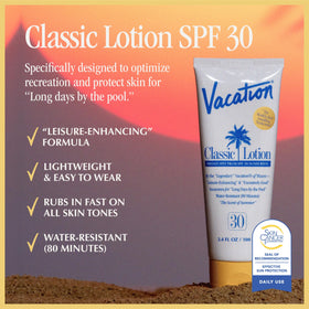 Close-up of VACATION SPF 30 Sunscreen Lotion bottle with tropical scent notes