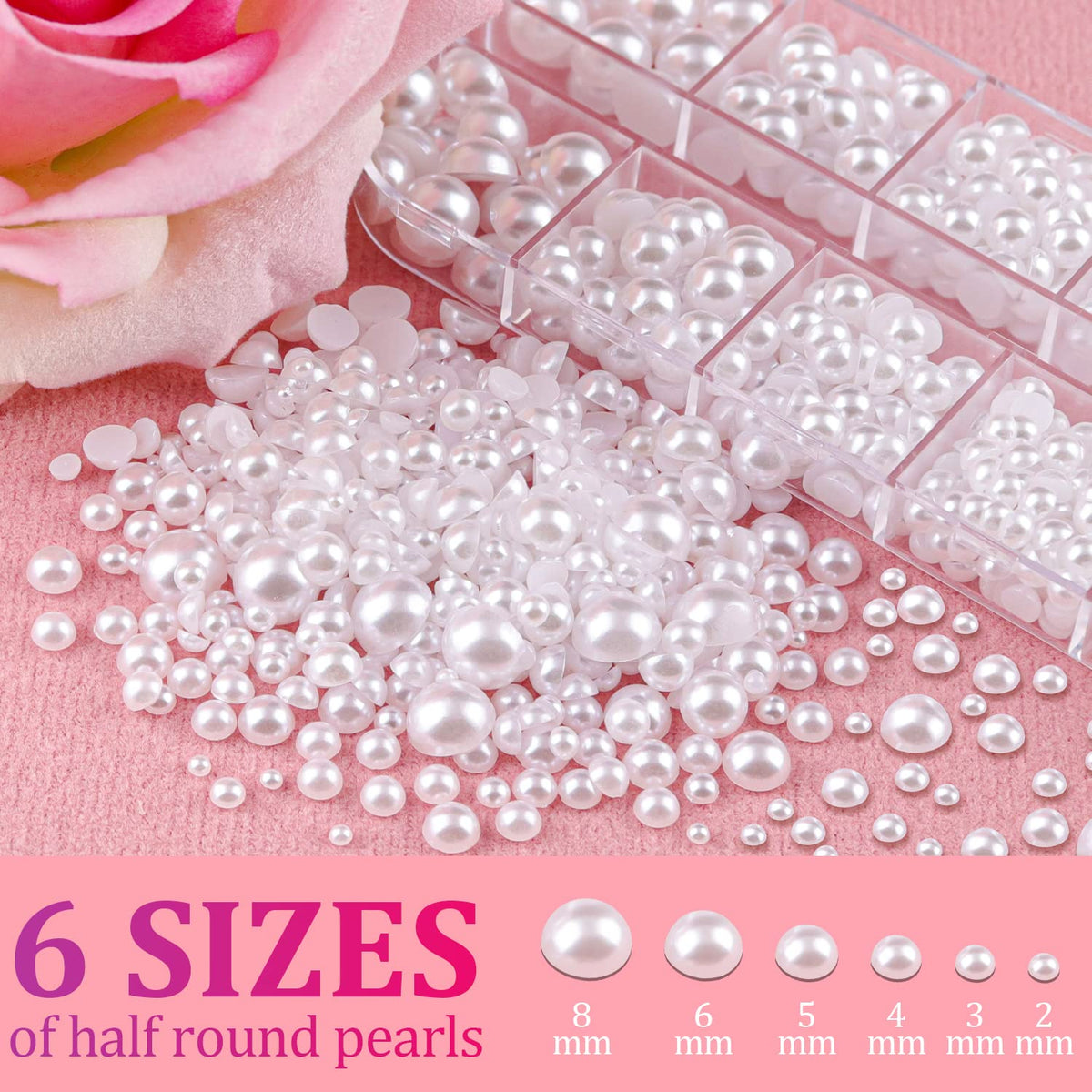 Close-up of various sizes of flat back pearls in a box