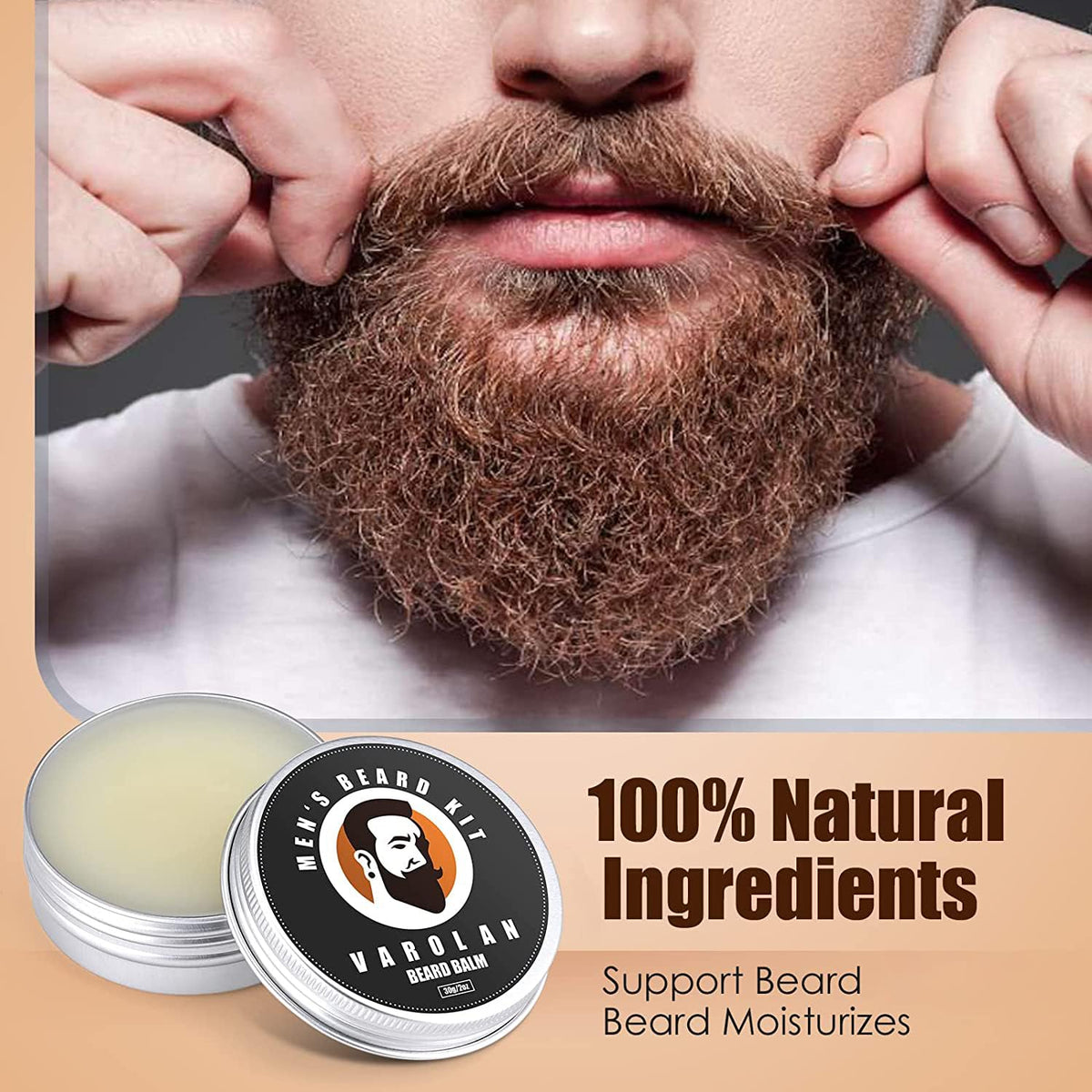 Close-up of Varolan beard oil bottle with jojoba oil