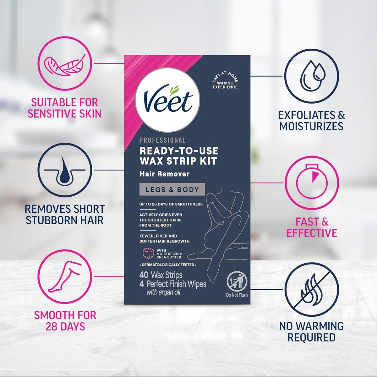 Close-up of Veet wax strips and finishing wipes