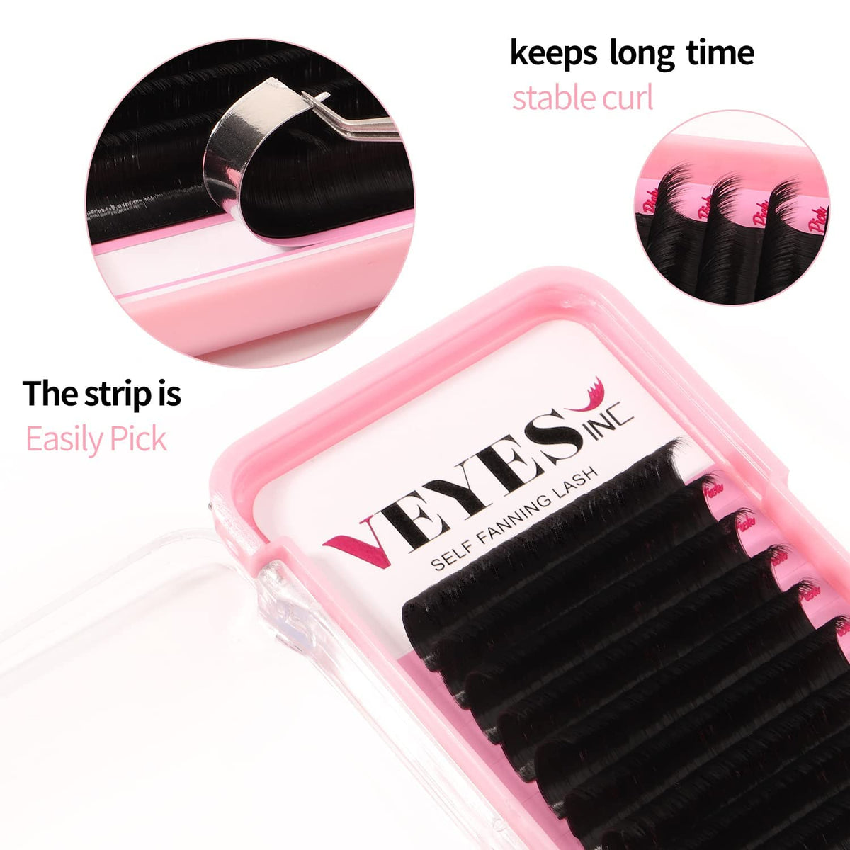 Close-up of VEYES INC Easy Fan Volume Lash Extensions showing D curl