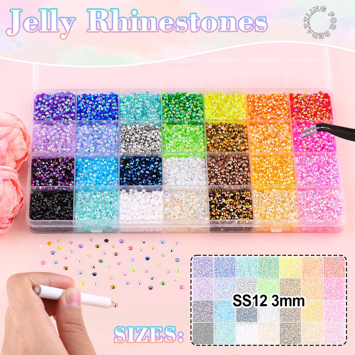 Close-up of vibrant 3mm resin rhinestones in assorted colours