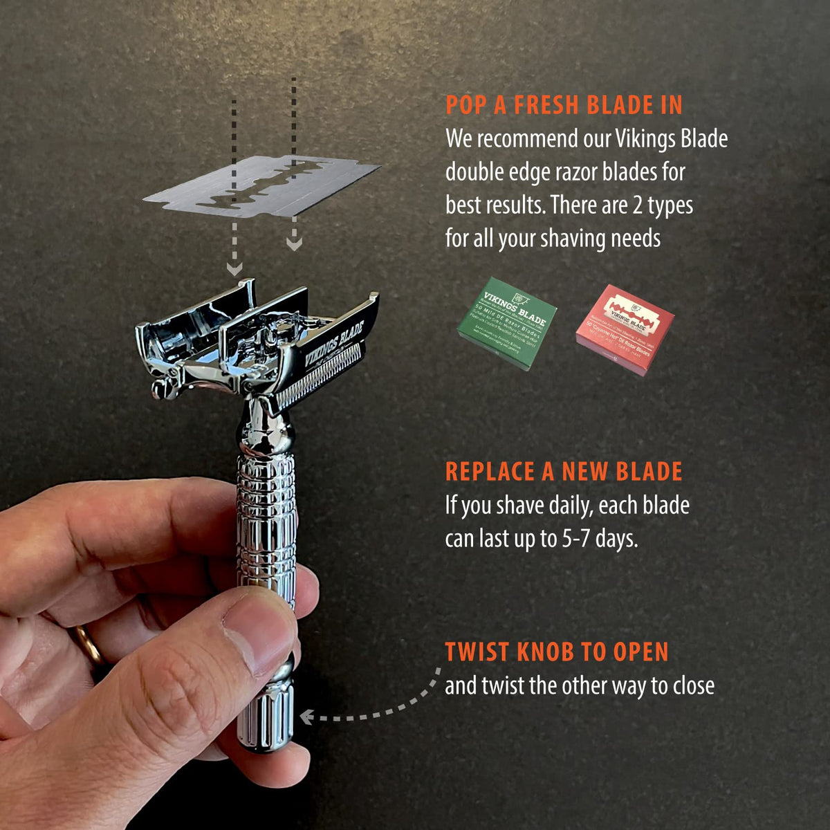 Close-up of Vikings Blade safety razor showing premium metal finish