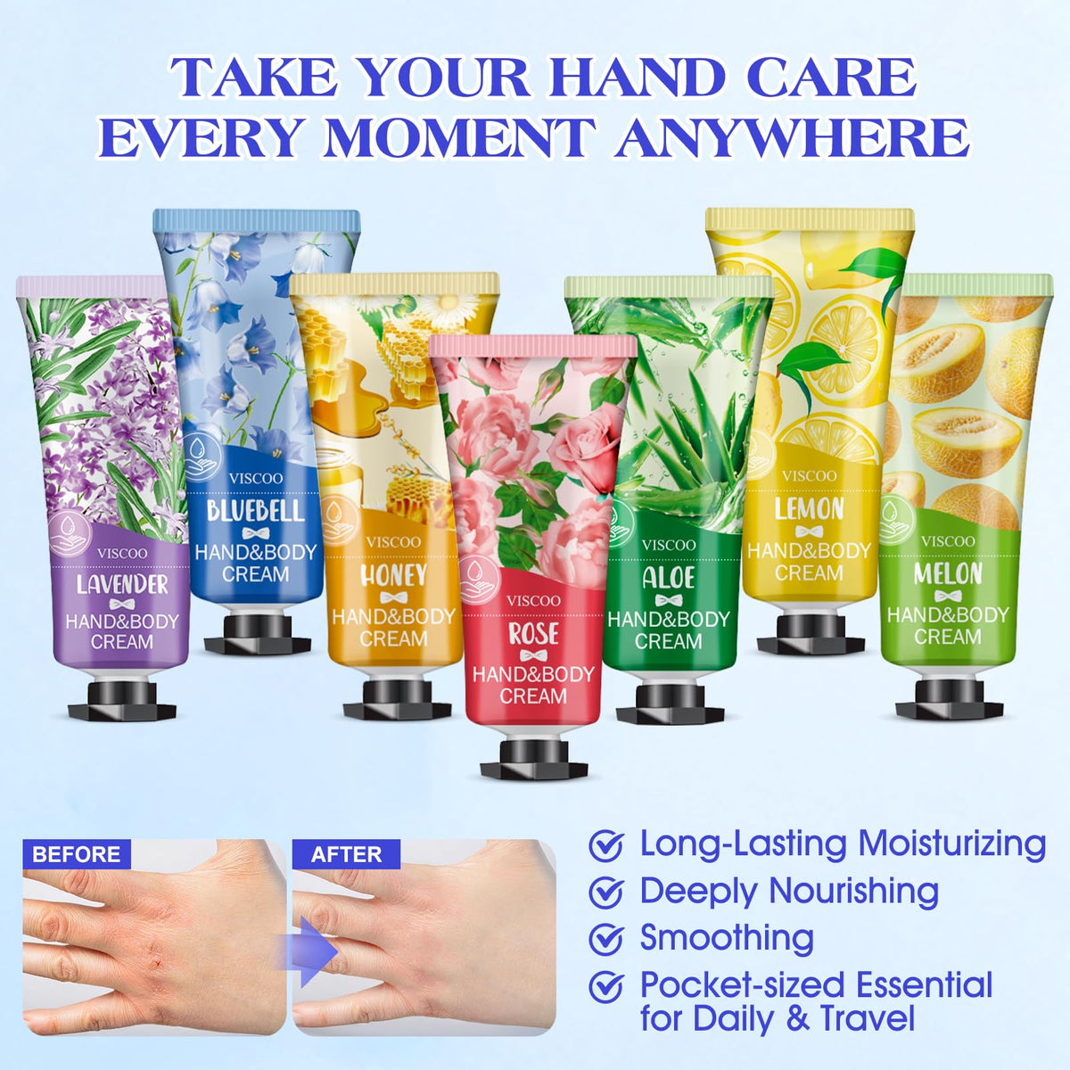 Close-up of VISCOO hand cream tube featuring lavender scent