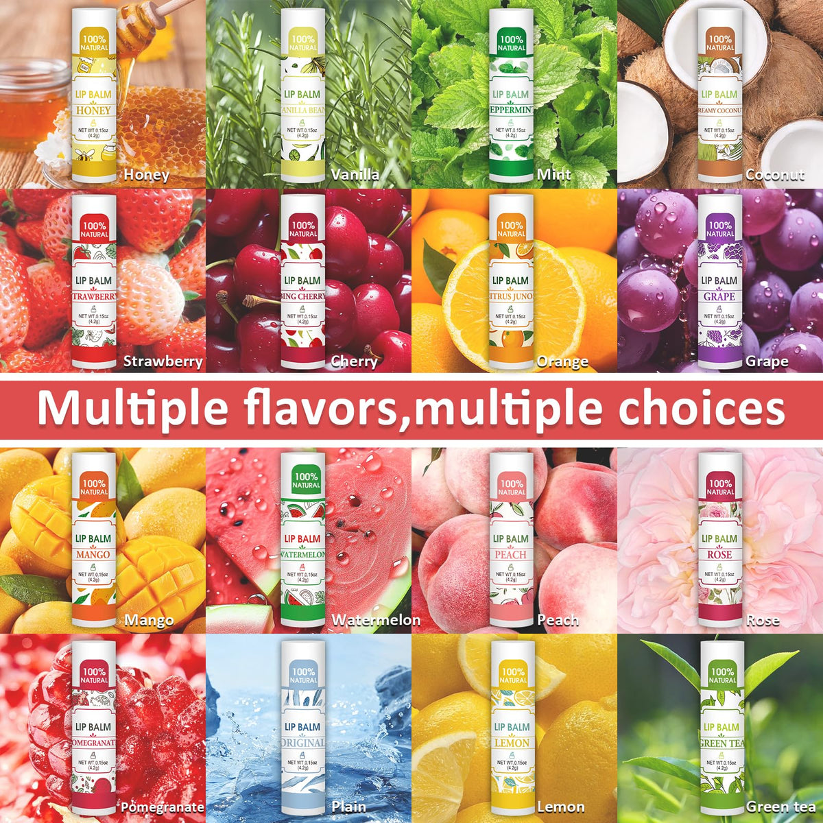 Close-up of VISRIE lip balm flavours including Honey and Vanilla
