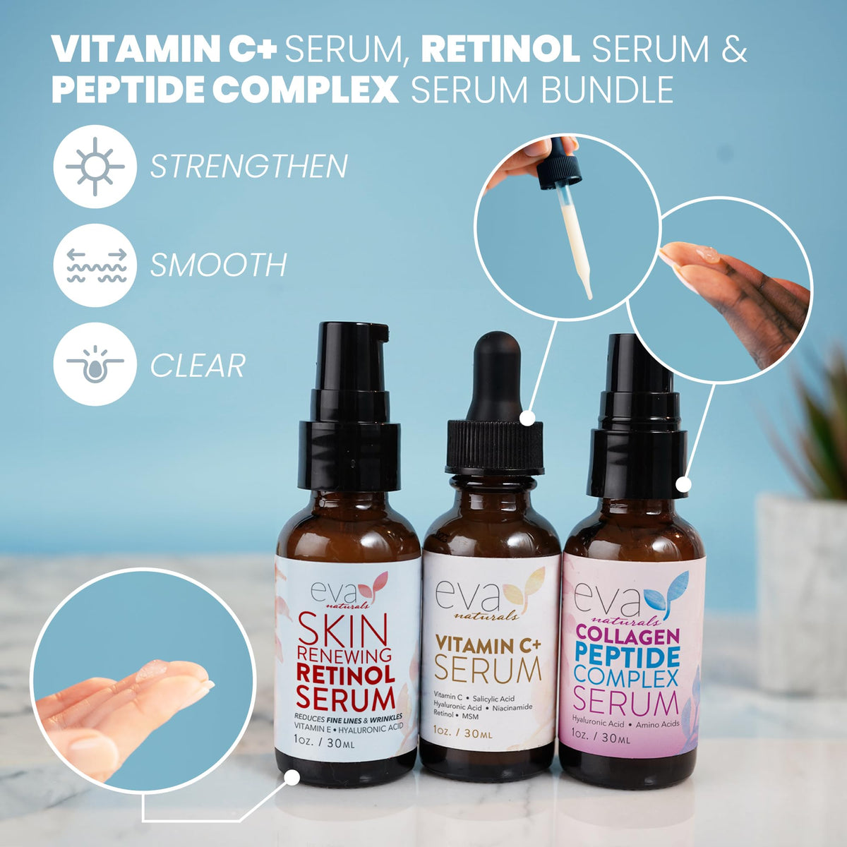 Close-up of Vitamin C+ Serum bottle from Eva Naturals