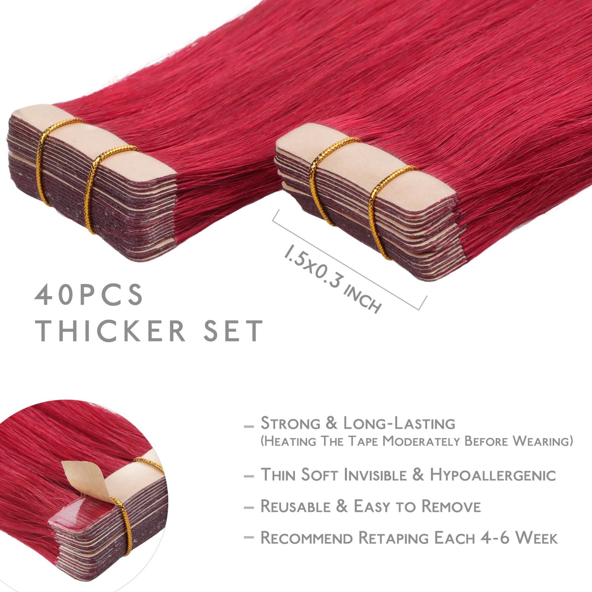 Close-up of Wennalife Tape in Hair Extensions red colour