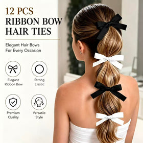 Close-up of white satin bow hair tie on ponytail
