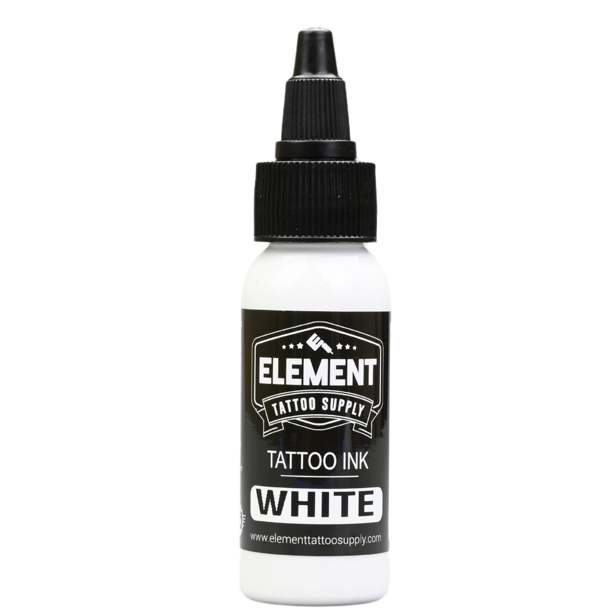 Close-up of white tattoo ink bottle from Element Tattoo Supply