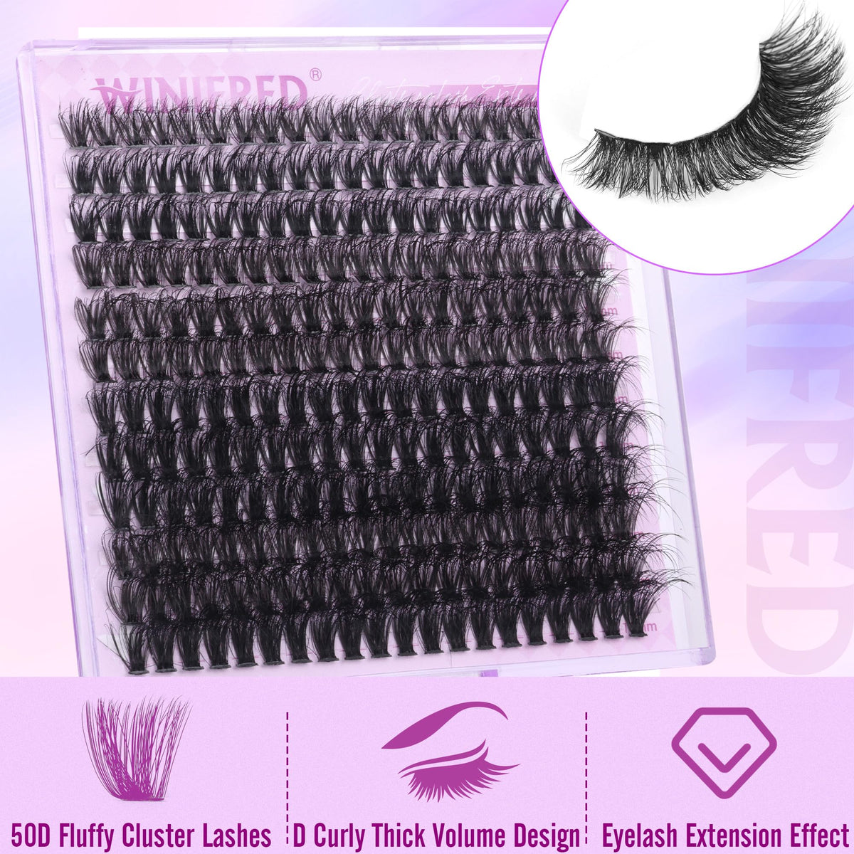 Close-up of Winifred 50D wispy eyelash clusters