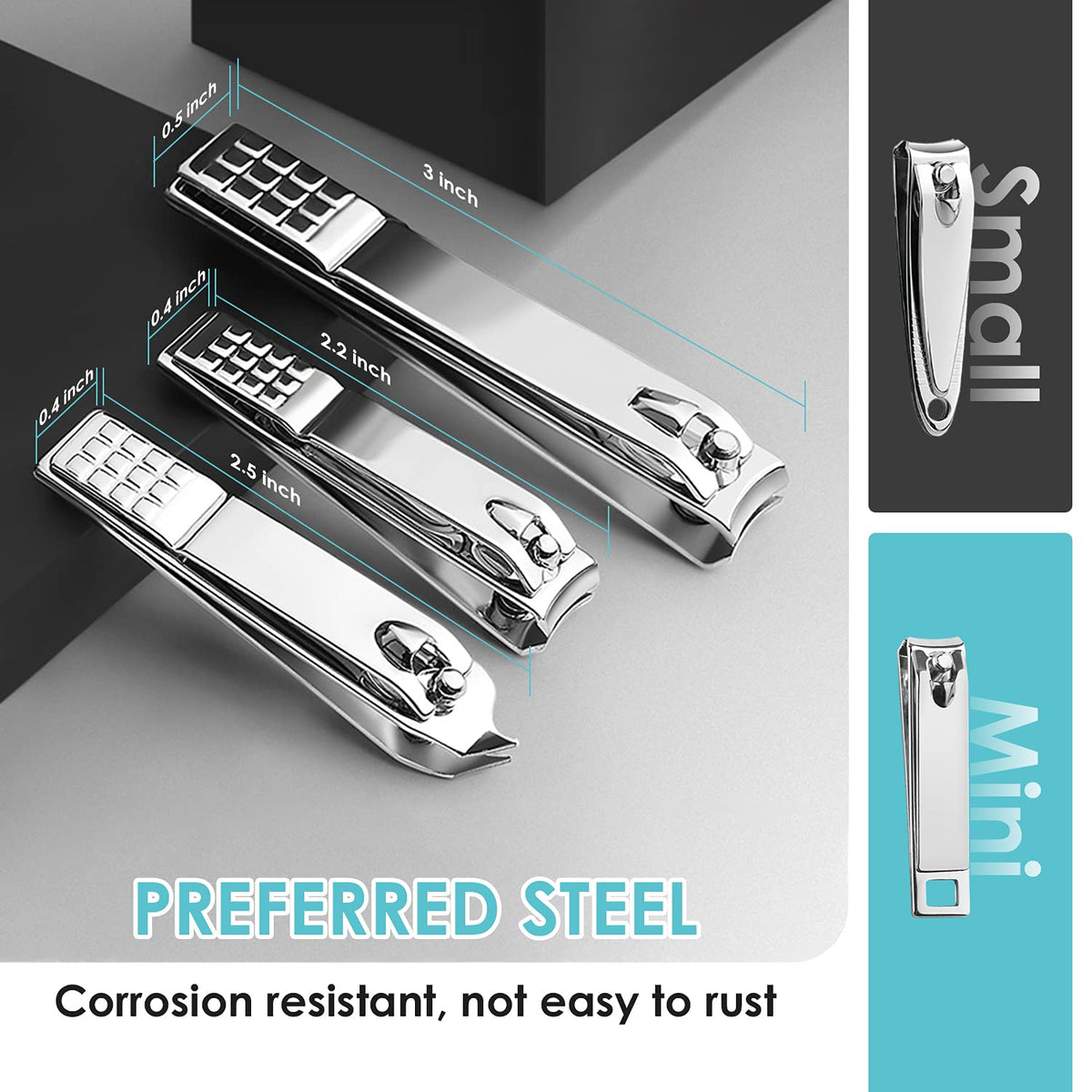 Close-up of WOAMA stainless steel nail clippers from manicure set