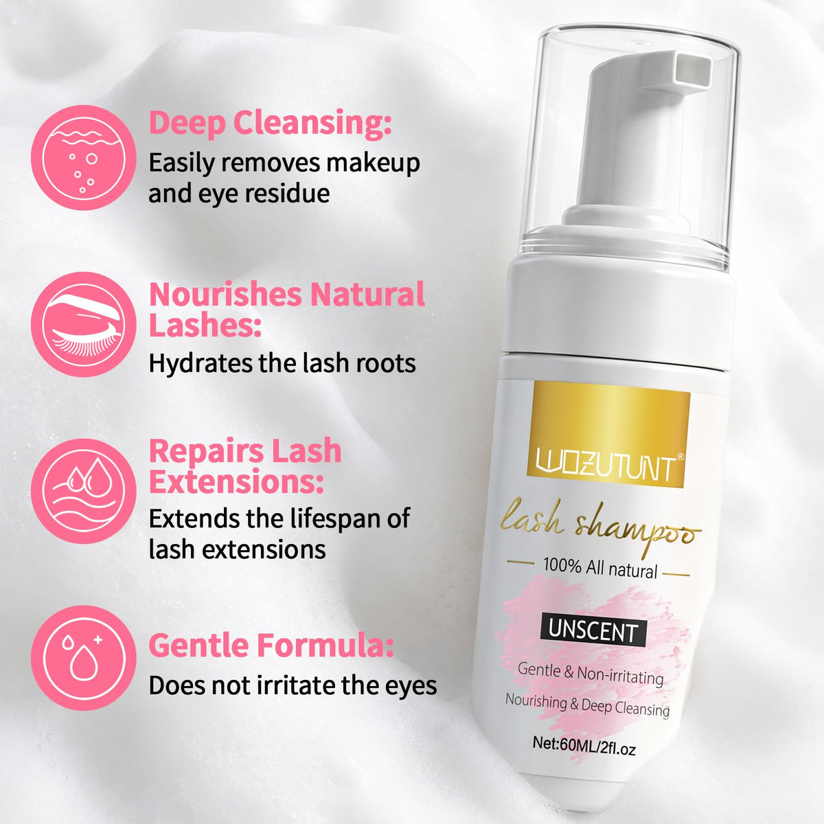 Close-up of WOZUTUNT lash shampoo bottle and cleansing brushes