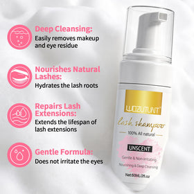 Close-up of WOZUTUNT lash shampoo bottle and cleansing brushes